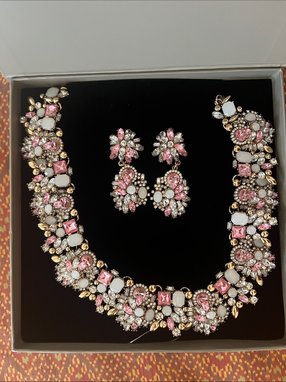 Rose Crystal Cluster Necklace and Earring Set - Women's Pink Statement Jewelry